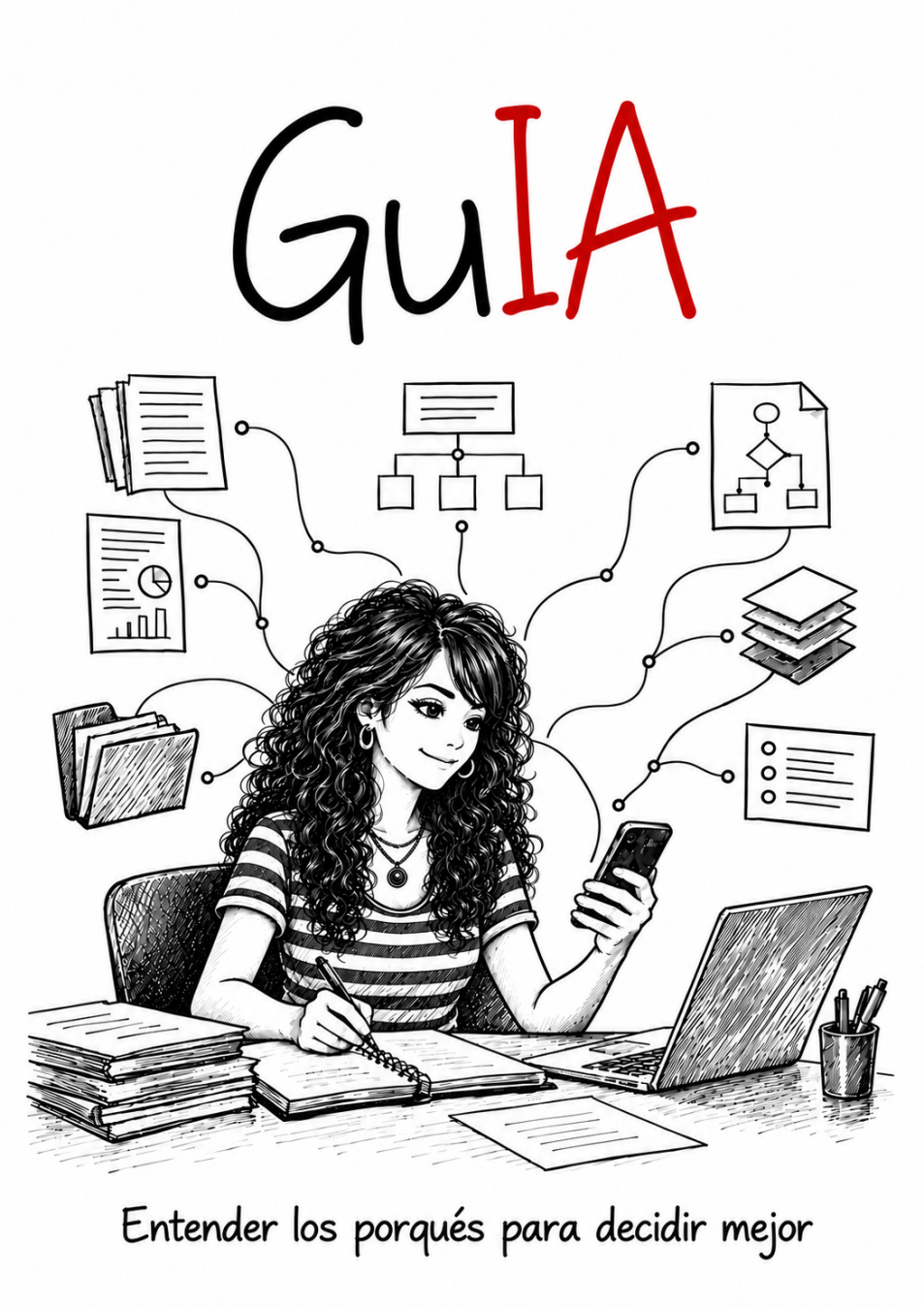 Portada original de GuIA: una mujer trabajando con un cuaderno, un teléfono y una computadora, conectada a distintas tareas.